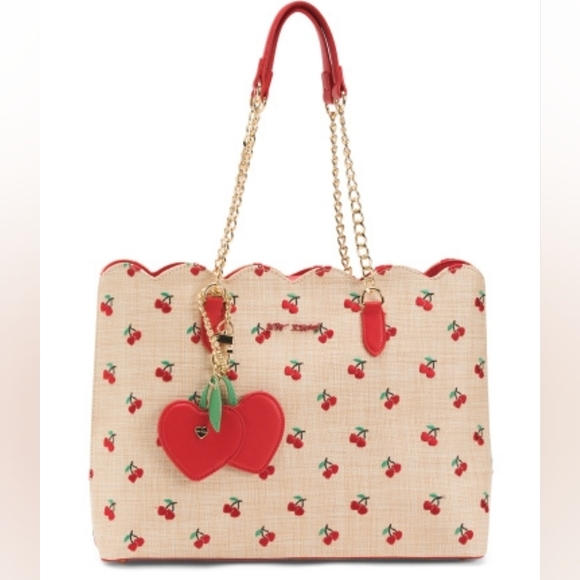 Betsey Johnson Handbags - Betsey Johnson Embossed Cherry Hearts Straw Tote Bag
